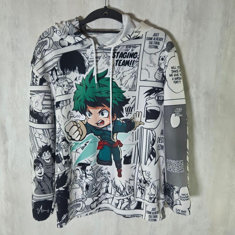 My Hero Academia Hoodie Mens Small White Deku Izuku Midoriya Anime Graphic
